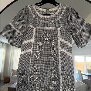 Free People Black and White Gingham Dress with Floral Embroidery